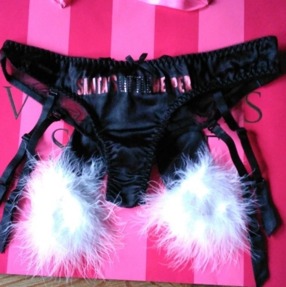 Victoria's Secret Sexy Rare Black Satin Garter Panty (Santa's Little Helper)🛍️